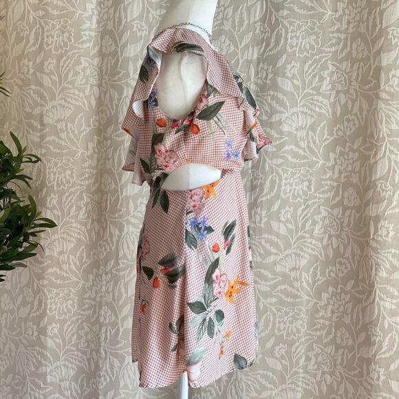 Pretty by Rory Pink Gingham Ruffle Floral Cut-Out Mini Dress Cottagecore Size S - Picture 5 of 8